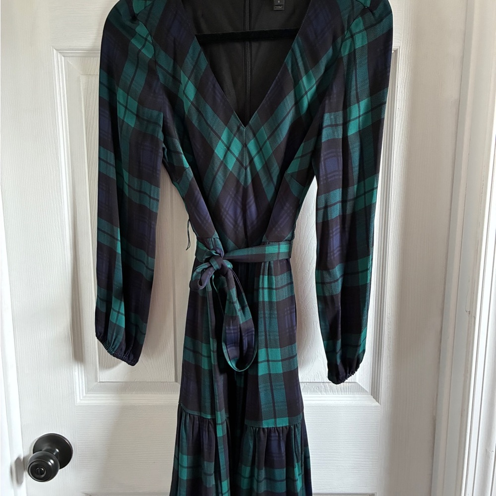 J. Crew Green and Navy Plaid Wrap Midi Dress